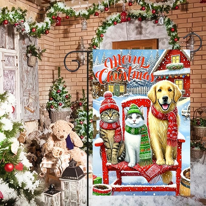 Merry Christmas Garden Flag 12x18 Double Sided Winter Cats and Dog Garden Flag - Image 4