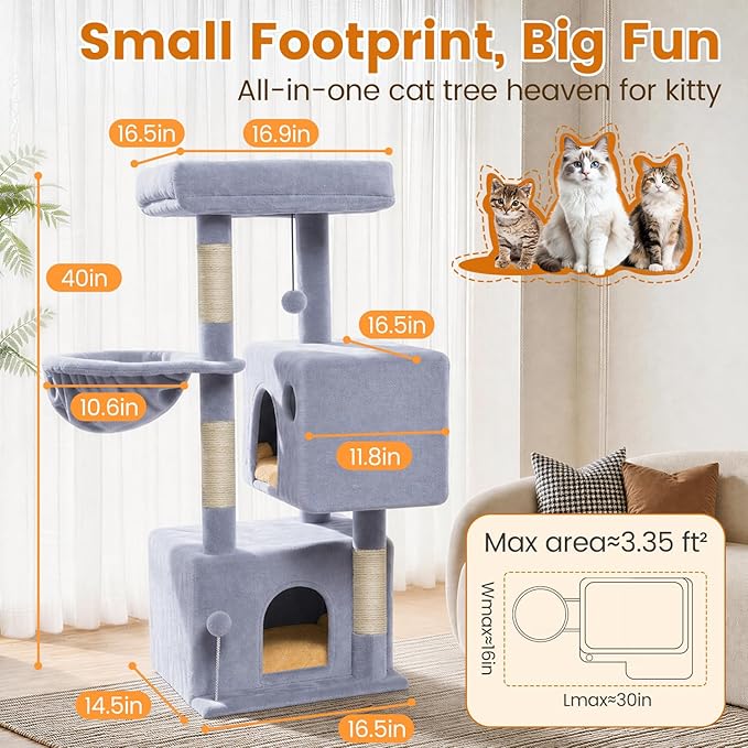 Cat Tree Tower with Scratching Post Hammock, 2 Condos Short Corner Climbing - Image 3