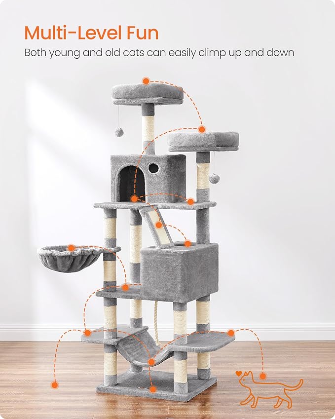Feandrea Cat Tree, 66.1-Inch Large Cat Tower, 2 Perches, 2 Caves, Light Gray - Image 3