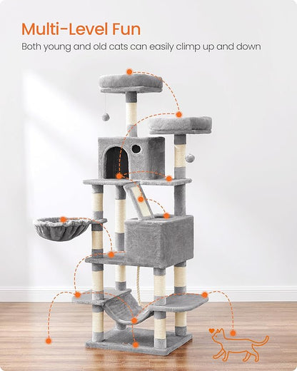 Feandrea Cat Tree, 66.1-Inch Large Cat Tower, 2 Perches, 2 Caves, Light Gray - Image 3