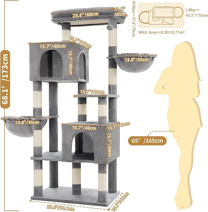 Heybly 68.1" Cat Tree with Oversized Top Platform & Wide Base, Heavy Duty Cat - Image 3