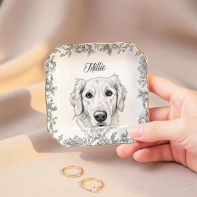LOVELYPOD Custom Pet Portrait Jewelry Tray, Toile De Jouy Ceramic Dish - Image 4
