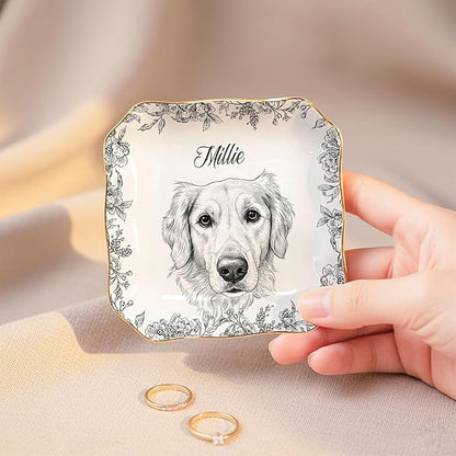 LOVELYPOD Custom Pet Portrait Jewelry Tray, Toile De Jouy Ceramic Dish - Image 4