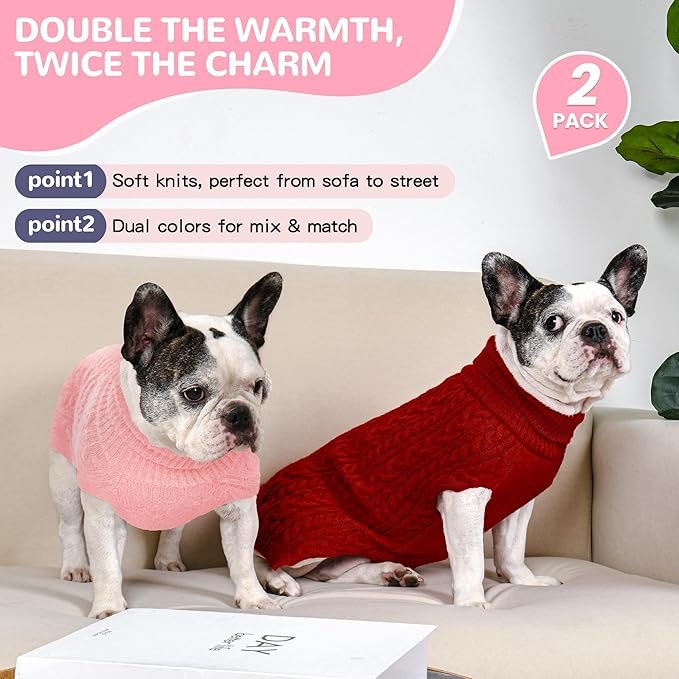 2 Pack Dog Sweaters for Medium Dogs Winter Turtleneck Pullover Cable Knit - Image 2