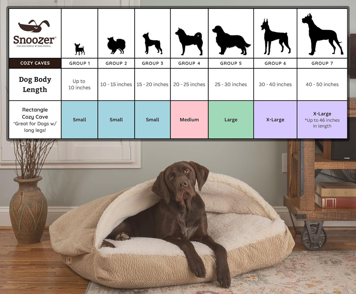 Snoozer Rectangle Cozy Cave Dog Bed - Indoor Dog Bed with Cover Cave, Covered Calming Burrow for Medium & Large Sized Pets with Blanket Attached, Enclosed, Washable - Large, Khaki