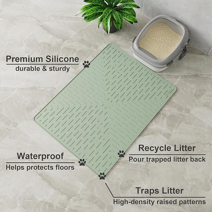 Cat Litter Mat Large Trapping Mat Premium Silicone Rubber 23.5x16" Sage Green - Image 2