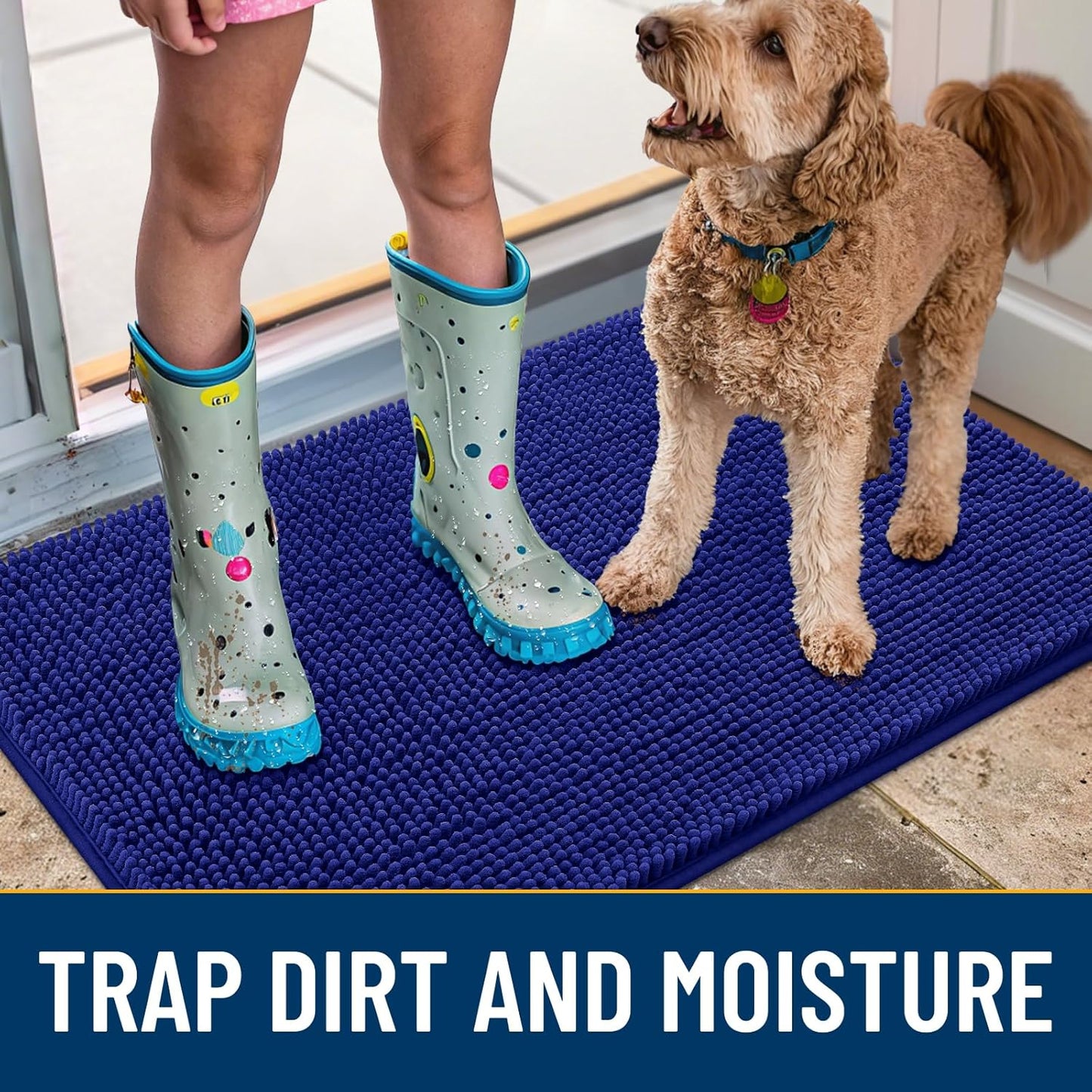 Smiry Dog Door Mat for Muddy Paws 30x20, Absorbs Moisture and Dirt Doormat, Non-Slip Washable Quick Dry Chenille Front Door Mat Indoor Entrance, Entryway Carpet for Inside Floor, Navy Blue