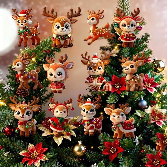 24 Pcs Cute Reindeer Christmas Tree Hanging Ornaments 2D Flat Wooden Pendant by BHOOKA