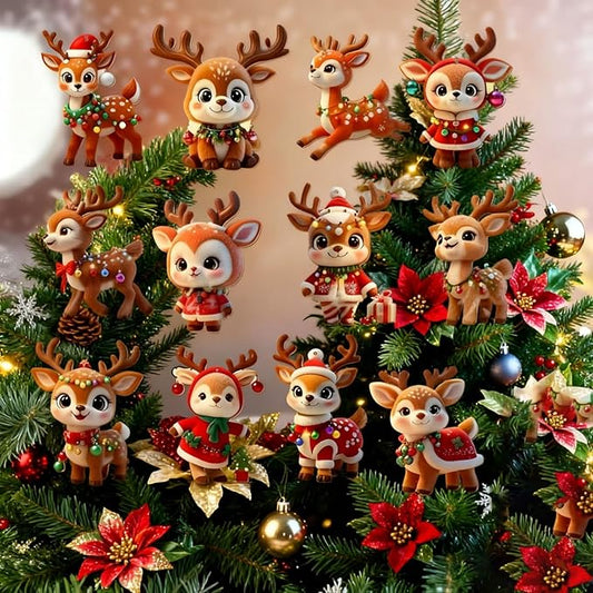 24 Pcs Cute Reindeer Christmas Tree Hanging Ornaments 2D Flat Wooden Pendant by BHOOKA