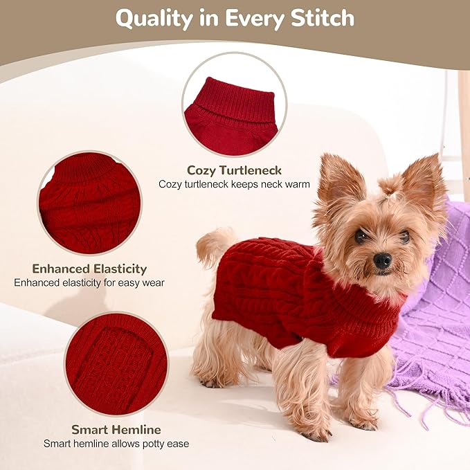 2 Pack Dog Sweaters for Small Dogs Winter Turtleneck Pullover Cable Knit Fleece - Image 3