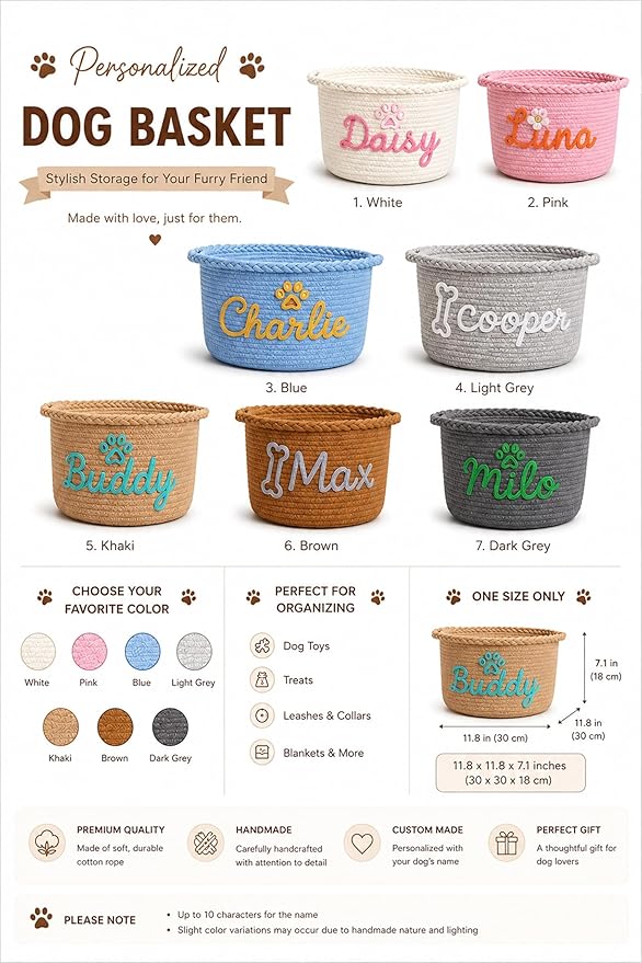JUPPE Pet Dog Basket with Personalized Name, Dog Toys Storage Organizer Custom - Image 3