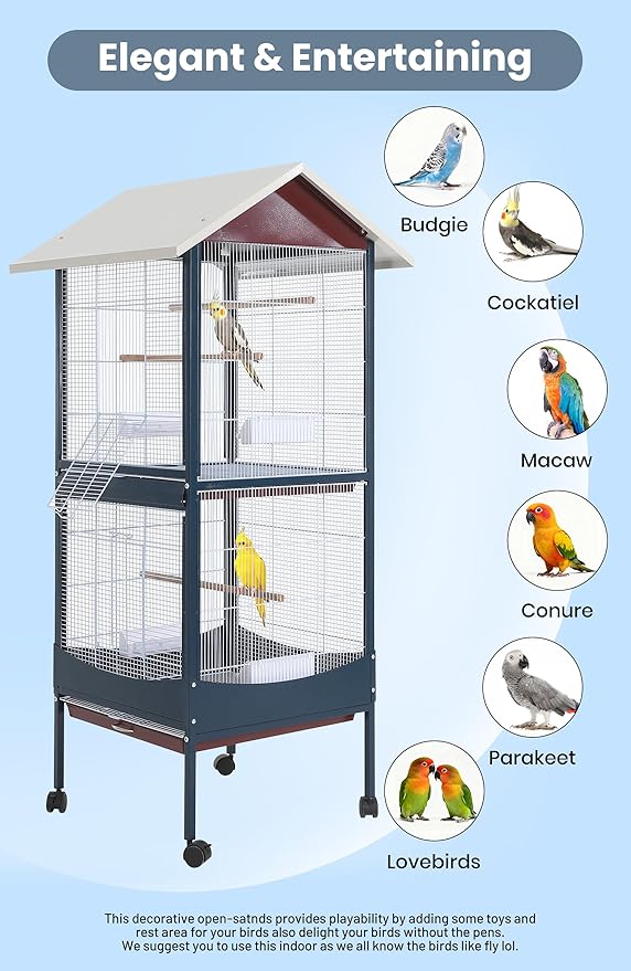 Garvee Bird Cage, w/Removeble Tray, Waterproof Roof, Lockable Caster, Indoor& - Image 2