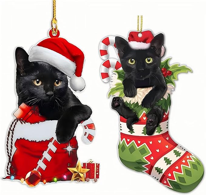 2026 Cat Tree Christmas 2D Ornaments Black Cat Acrylic Decorations by Unknown