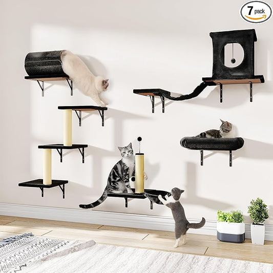 7-in-1 Cat Wall Shelves, Cat Climbing Wall Systems, Space-Saving Wall Mounted by KAMABOKO