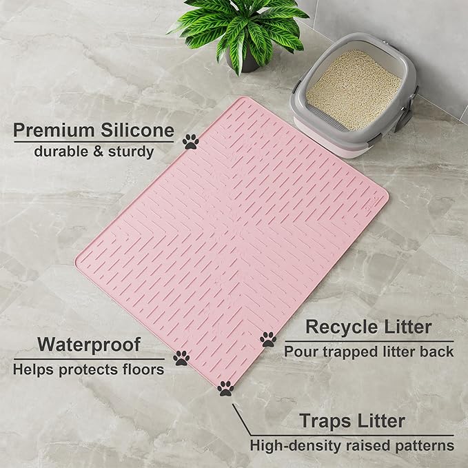 OHMO Cat Litter Mat Trapping Mat Premium Silicone 31.5x23.6 Pink, Waterproof - Image 2