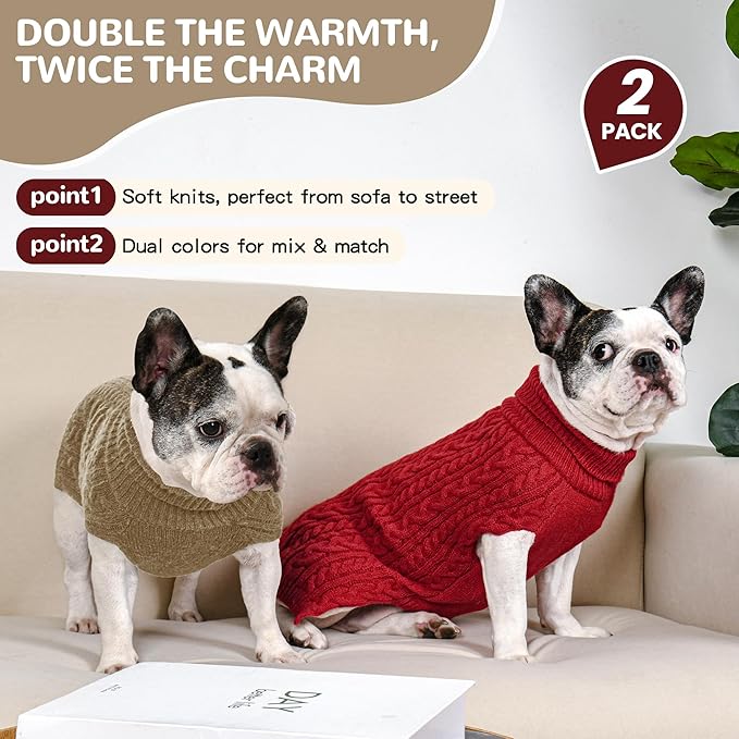 2 Pack Dog Sweaters for Medium Dogs Winter Turtleneck Pullover Cable Knit - Image 2