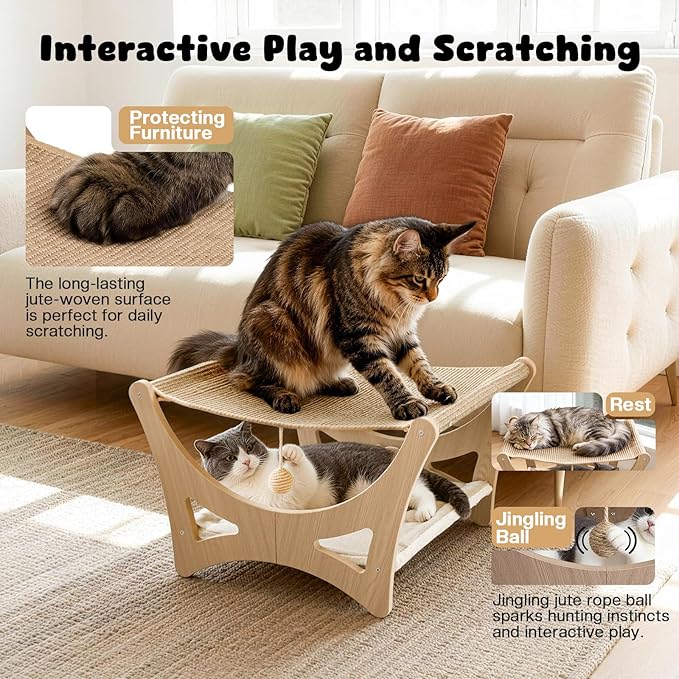 Double-Layer Cat Hammock Bed, Wooden Elevated Cat Beds - Image 5