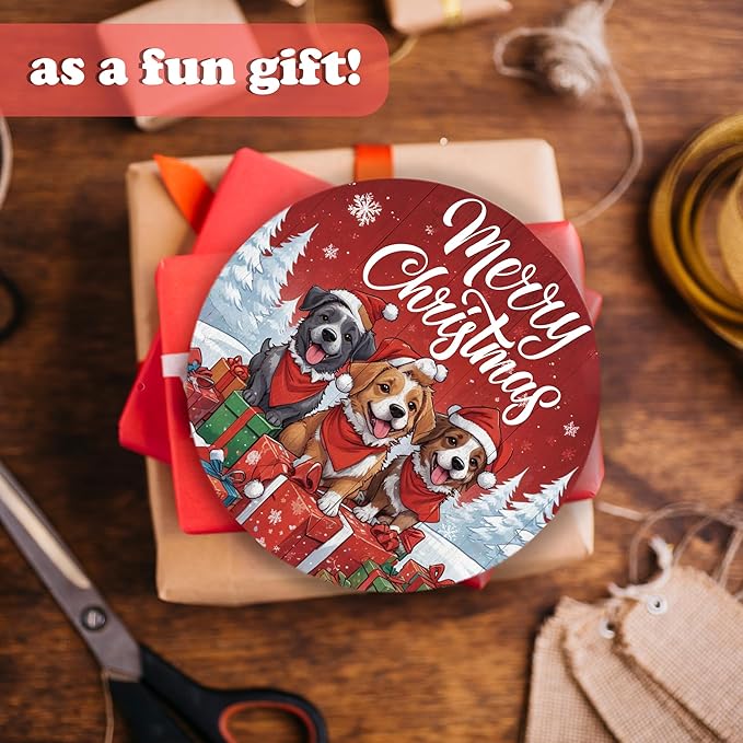 Three Little Dogs Wooden Merry Christmas Hanging Sign, 10 Inches Round - Image 4