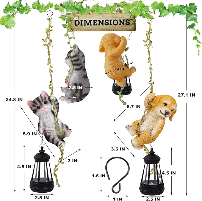 Set of 2 Solar Hanging Statue, Outdoor Resin Black White Cat & Golden Retriever - Image 2