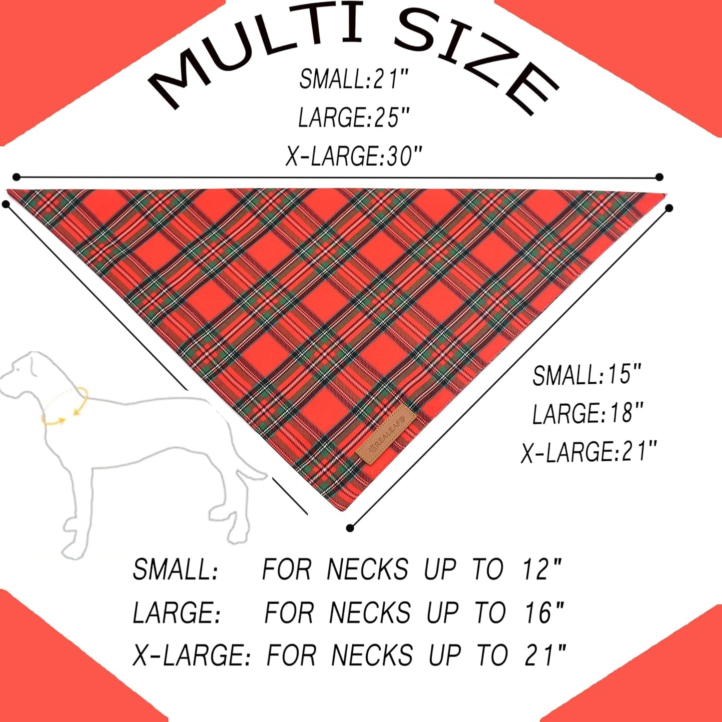 Realeaf Christmas Dog Bandanas 2 Pack, Reversible Red Green Plaid Dog Scarf, Xmas Pet Bandana for Boy and Girl, Premium Durable Fabric, Holiday Check Bandana for Medium and Large Dogs Pets (Large)