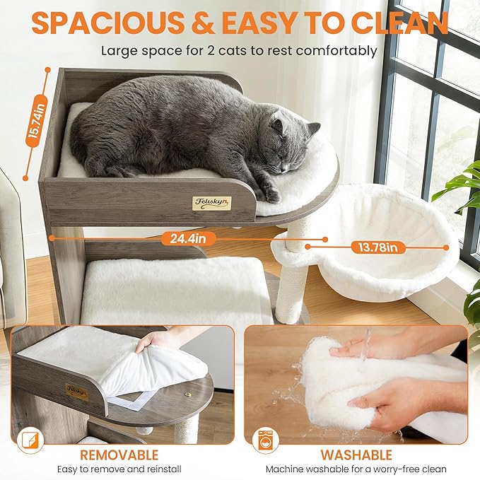 Modern Wood Cat Tree Tower for Indoor Large Cats, Cat Scratching Posts - Image 3