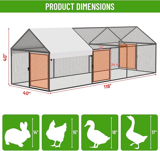 NUGRIART Metal Chicken Coop 118"×40"×40" Chicken Run - Image 2