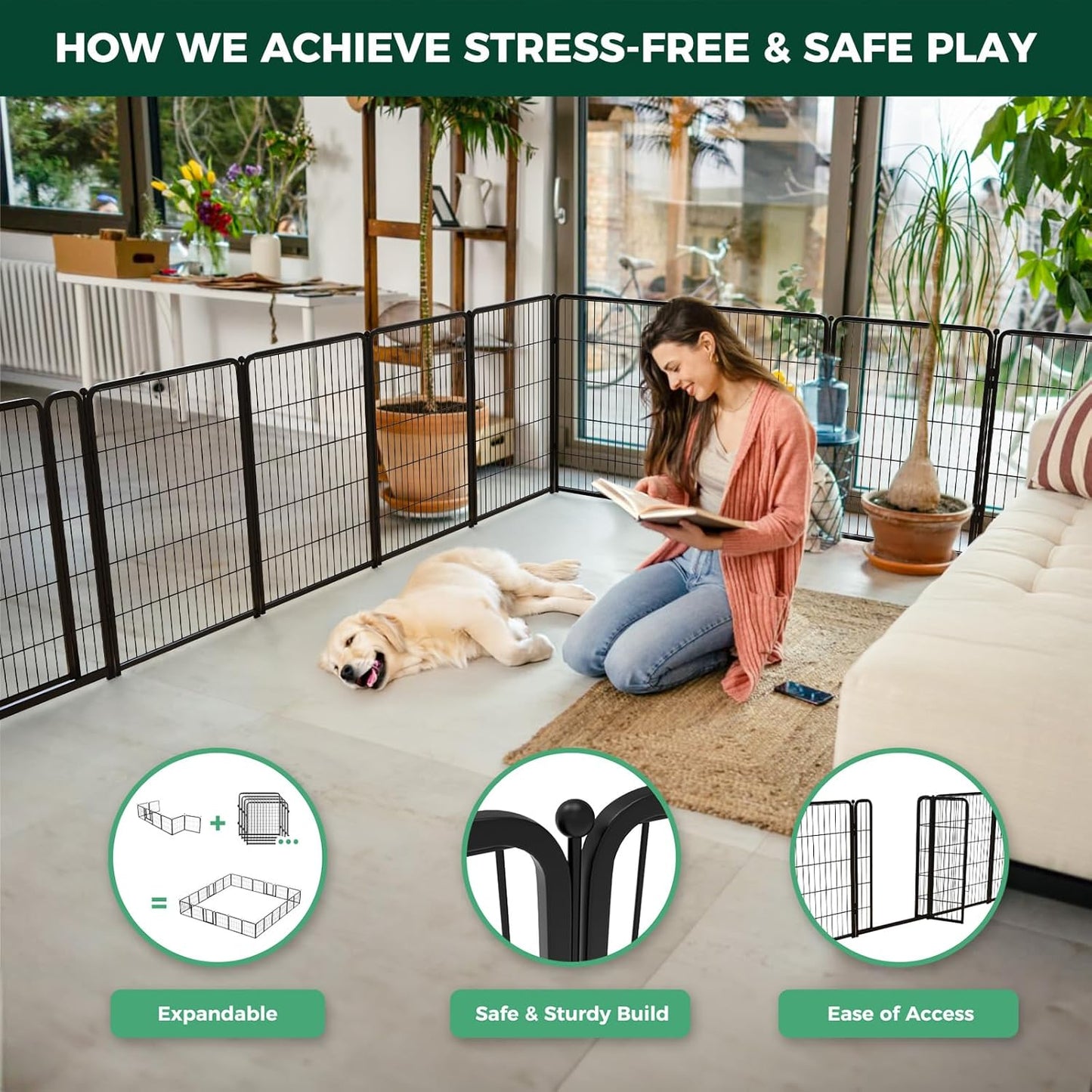 FXW Homeplus Unleashed Indoor Dog Playpen - Stress-Free and Safe Play, Heavy Duty 40 Inch 8 Wire Panels Dog Pen for Medium and Large Dogs, Black│Patented