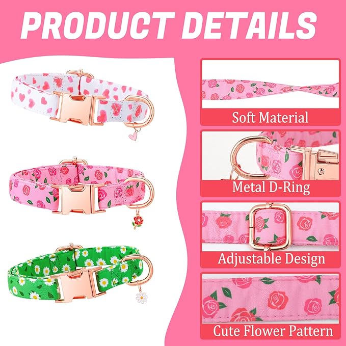 3 Pack Floral Dog Collars for Large Dogs Pink Dog Collar - Image 2