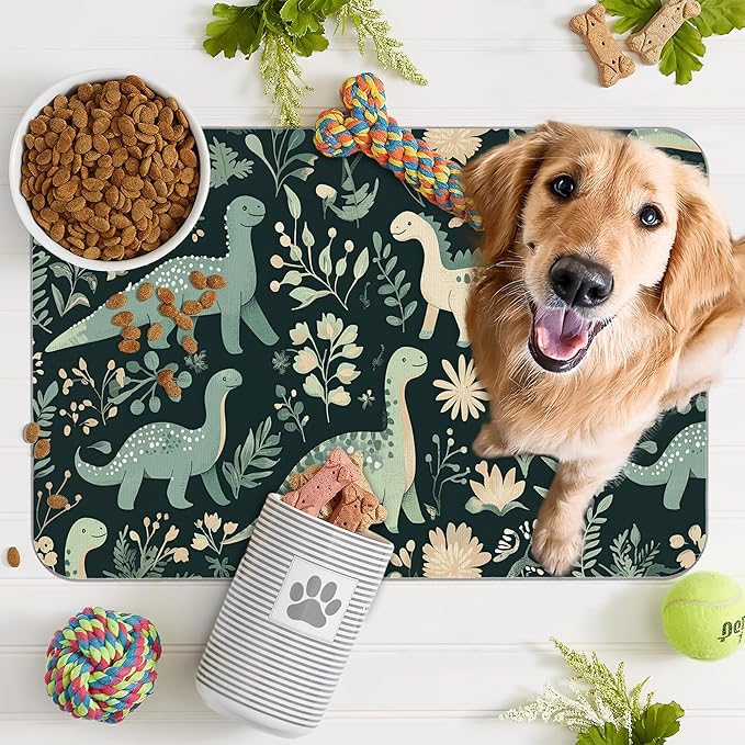 Cute Dinosaur Dog Cat Food Mat, Forest Absorbent Pet Feeding Mat - Image 7