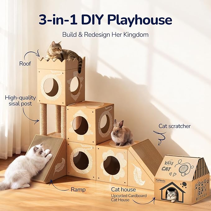 DIY Cardboard Cat House, Scratching Pad, Tunnel & Playhouse - Image 2