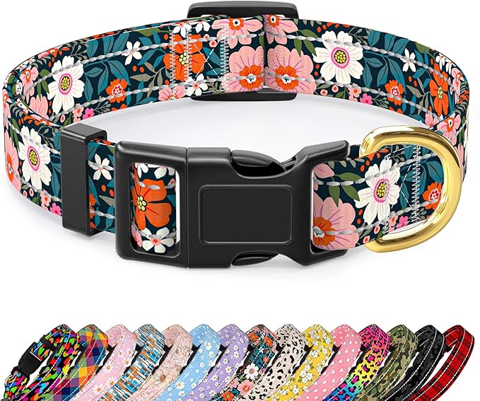 Reflective Dog Collar for Medium Dogs, Cute Flower Theme Adjustable Heavy-Duty by TMOODEL