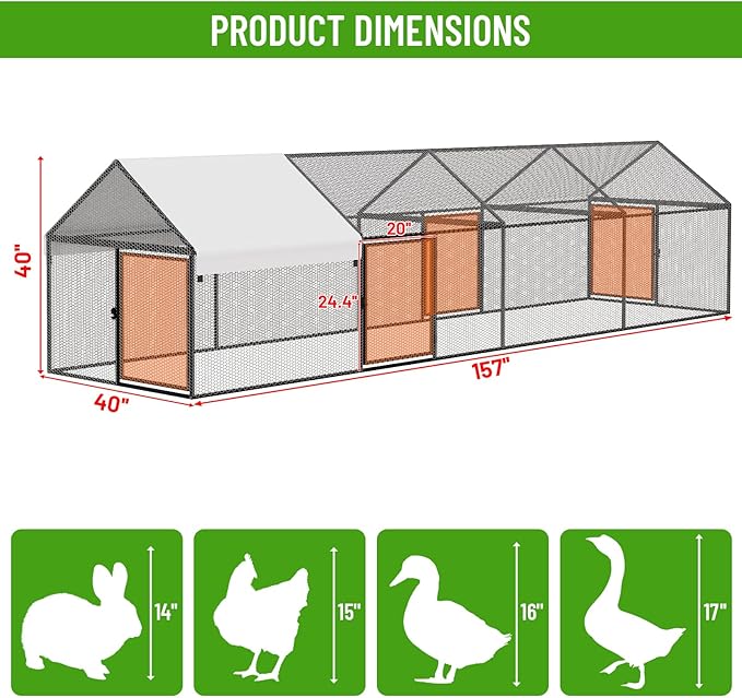 NUGRIART Metal Chicken Coop 157"×40"×40" Chicken Run - Image 2