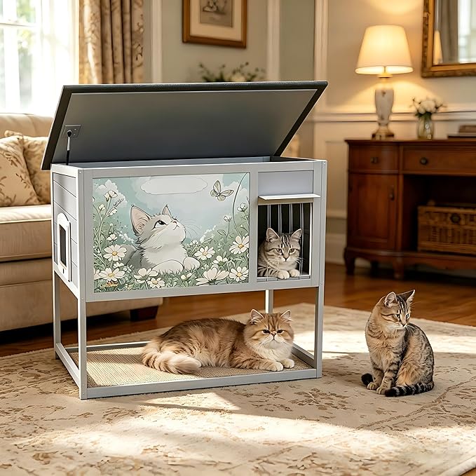 Outdoor Raised Wooden Cat House, Weatherproof Feral Cat Enclosure - Image 2