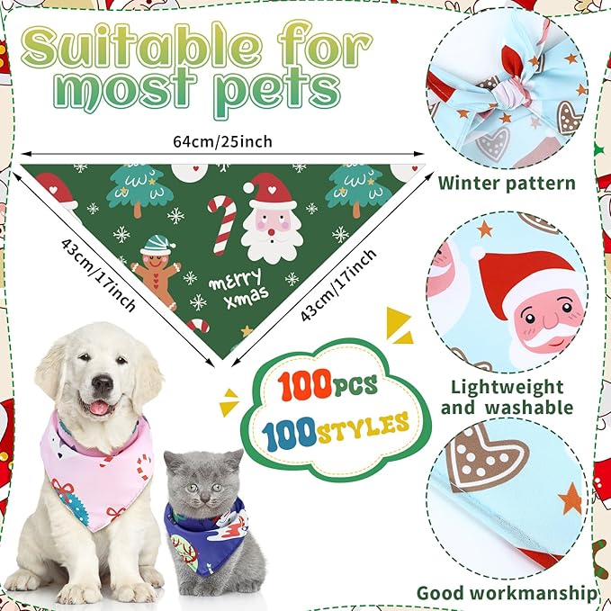 Huhumy 100 Pcs Christmas Dog Bandanas Bulk Pet Bibs Colorful Triangle Scarf - Image 3