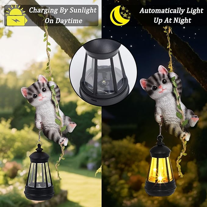 Solar Hanging Cat Statue, Outdoor Resin Black Cat Figurine - Image 3