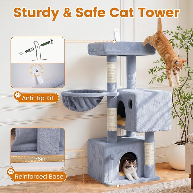 Cat Tree Tower with Scratching Post Hammock, 2 Condos Short Corner Climbing - Image 2