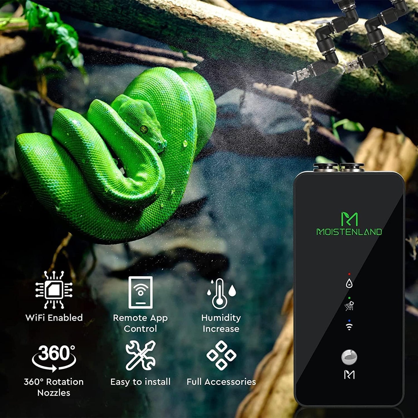 Moistenland WiFi Enabled Reptile Mister for Terrariums, Reptile Misting System for Snake Ball Python Tortoise Lizard Aquarium with 2 Adjustable Misting Nozzles