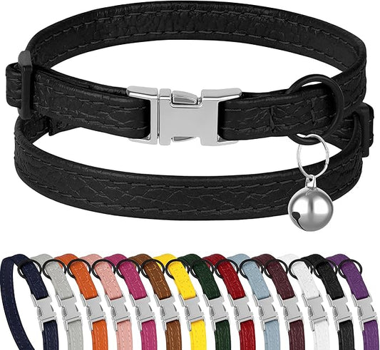 Leather Cat Collar with Buckle and Removable Bell by BUDKAS