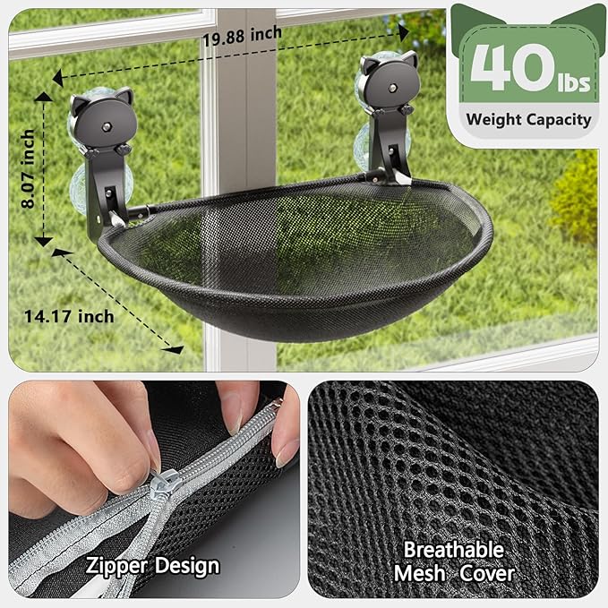 JUNSPOW Cat Window Perch Cordless, Foldable & Stable Cat Beds- Breathable Cat - Image 5