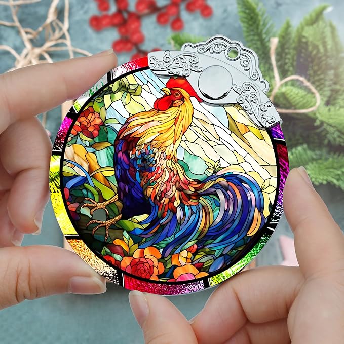 Jocidea Glass Chicken Christmas Ornament, Semi Transparent Stained Glass - Image 3