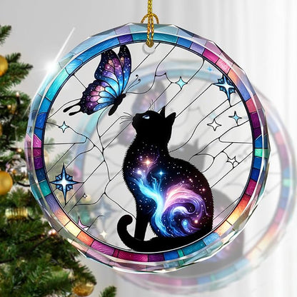 Stained Glass Black Cat Ornament, Cat Christmas Decoration by Kooirsp