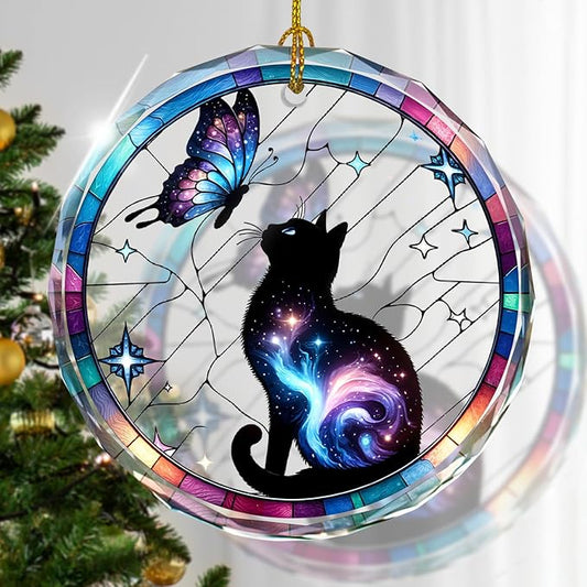 Stained Glass Black Cat Ornament, Cat Christmas Decoration by Kooirsp