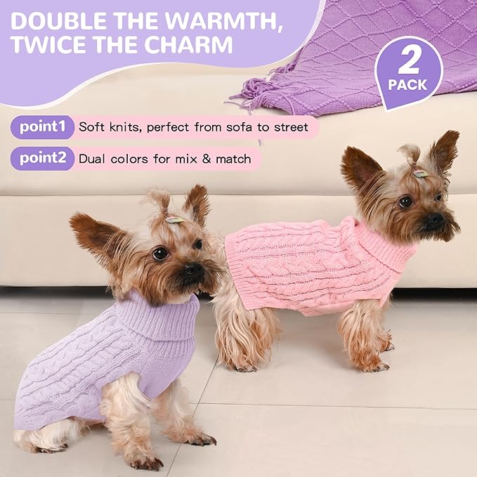2 Pack Dog Sweaters for Small Dogs Winter Turtleneck Pullover Cable Knit Fleece - Image 2