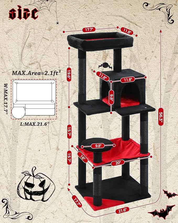 MUTTROS Gothic Cat Tree with Super Large Hammock, 56.3" Black Cat Tower with - Image 5