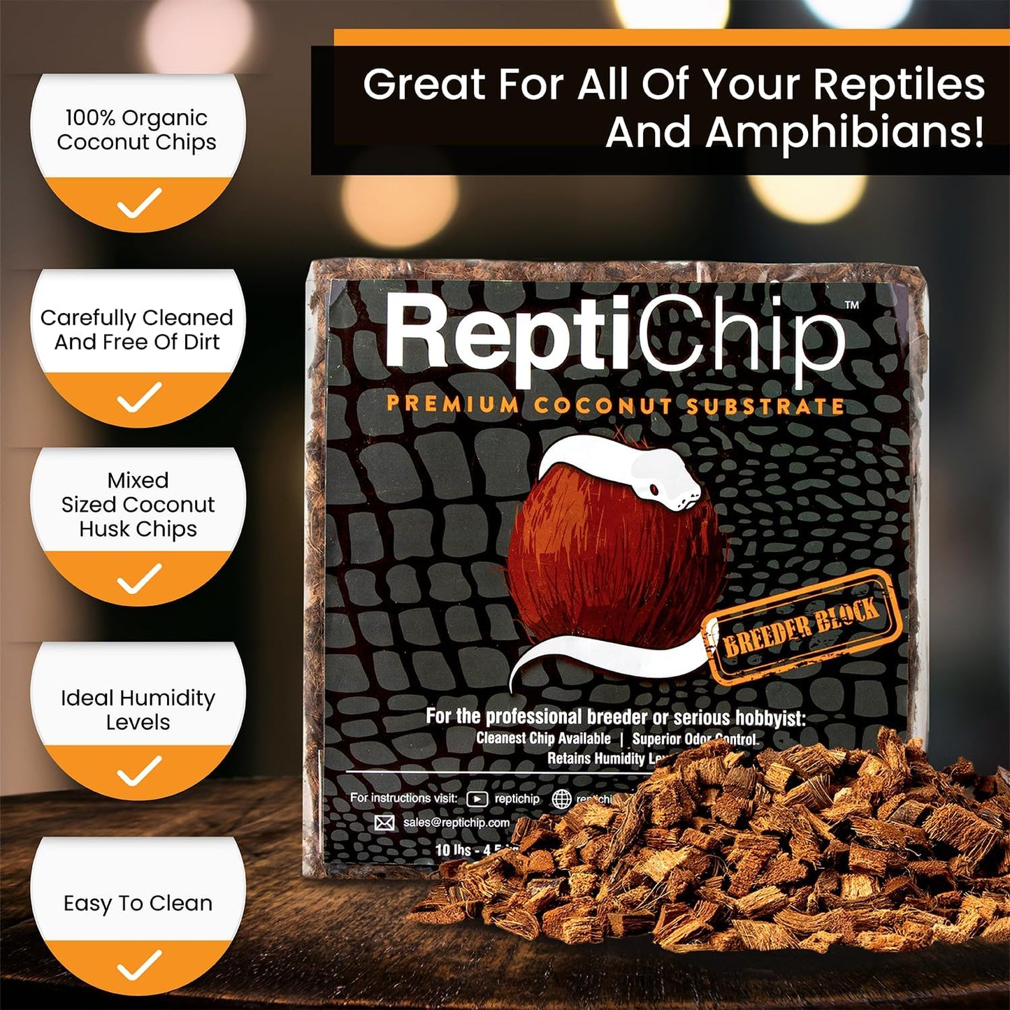 ReptiChip Reptile Substrate Coconut Chip Bedding 72 Quart Compressed Organic Coco Husk Block for Snake Habitat, Ball Python Terrarium, Turtle Tanks, Tortoise Enclosure (3 Pk)