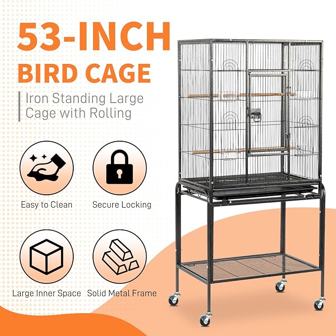 VINGLI 53-inch Bird Cage with Wheels, Durable Wrought Iron Parakeet Cage with - Image 2