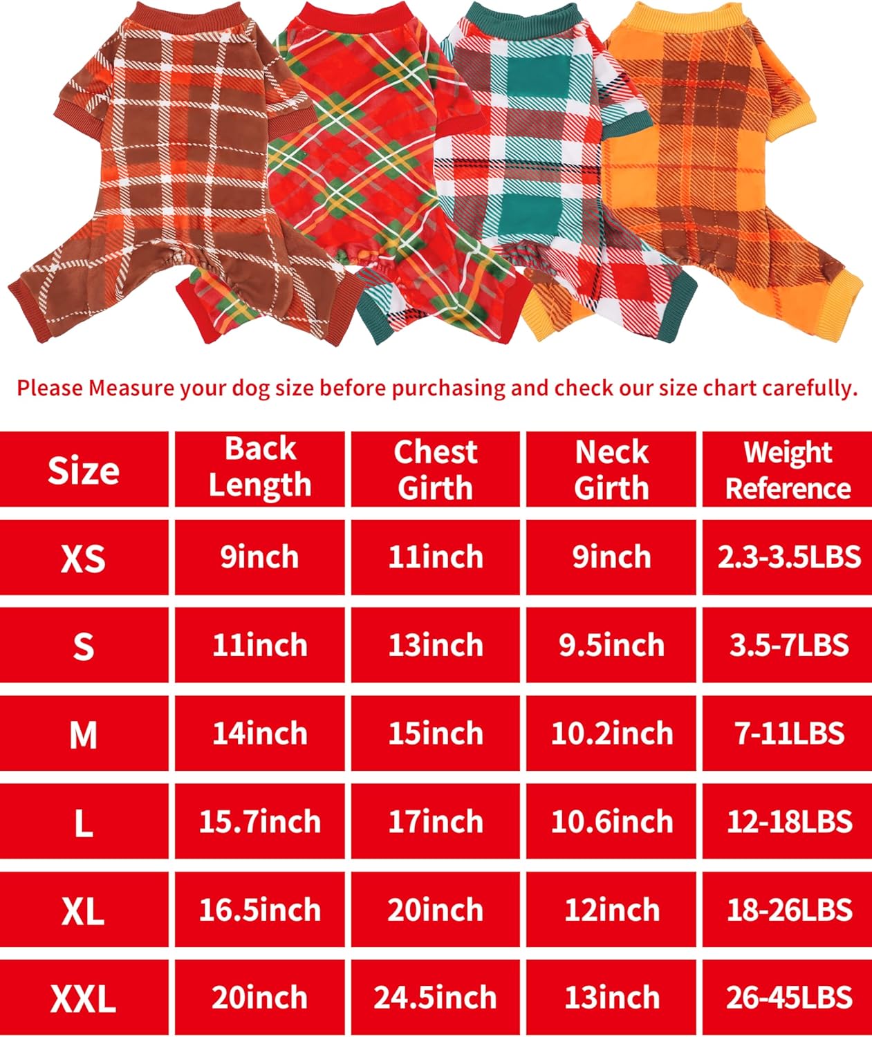 PET SHOW 4 Pack Small Dog Pajamas Holiday Dog Clothes for Medium Dogs Girl Boy Soft Stretchy PJs Plaid Jumpsuit Puppy Fall Onesies Christmas Outfits with Sleeve Pets Dachshund Costume(XXL, Plaid)