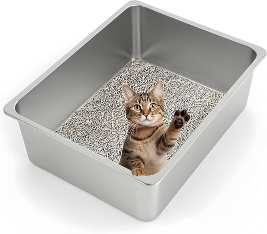 Kirecoo Stainless Steel Cat Litter Box XL- Metal High Sided Cat Pan, Large by Kirecoo