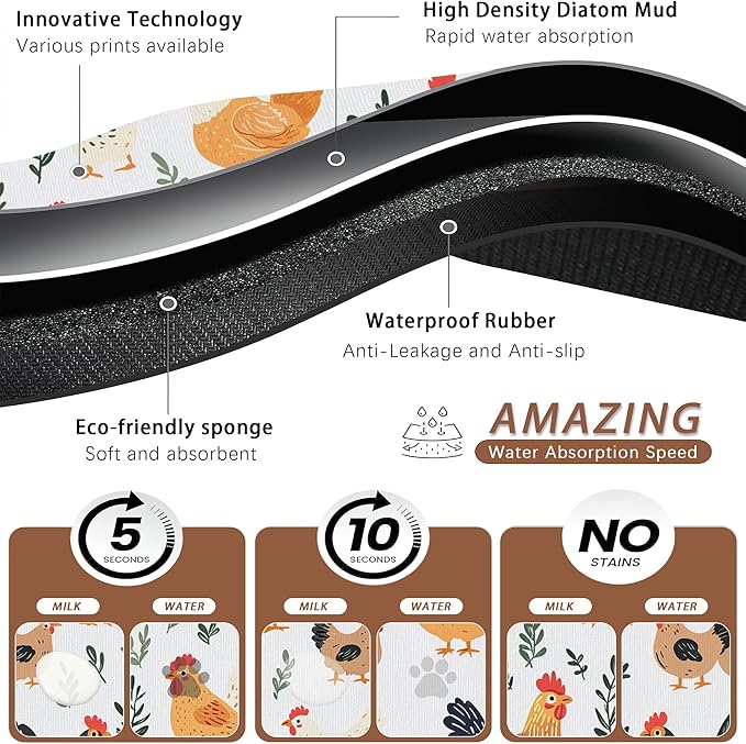 Rooster Dog Cat Food Mat, Hen Chicken Meadow Absorbent Pet Feeding Mat - Image 3