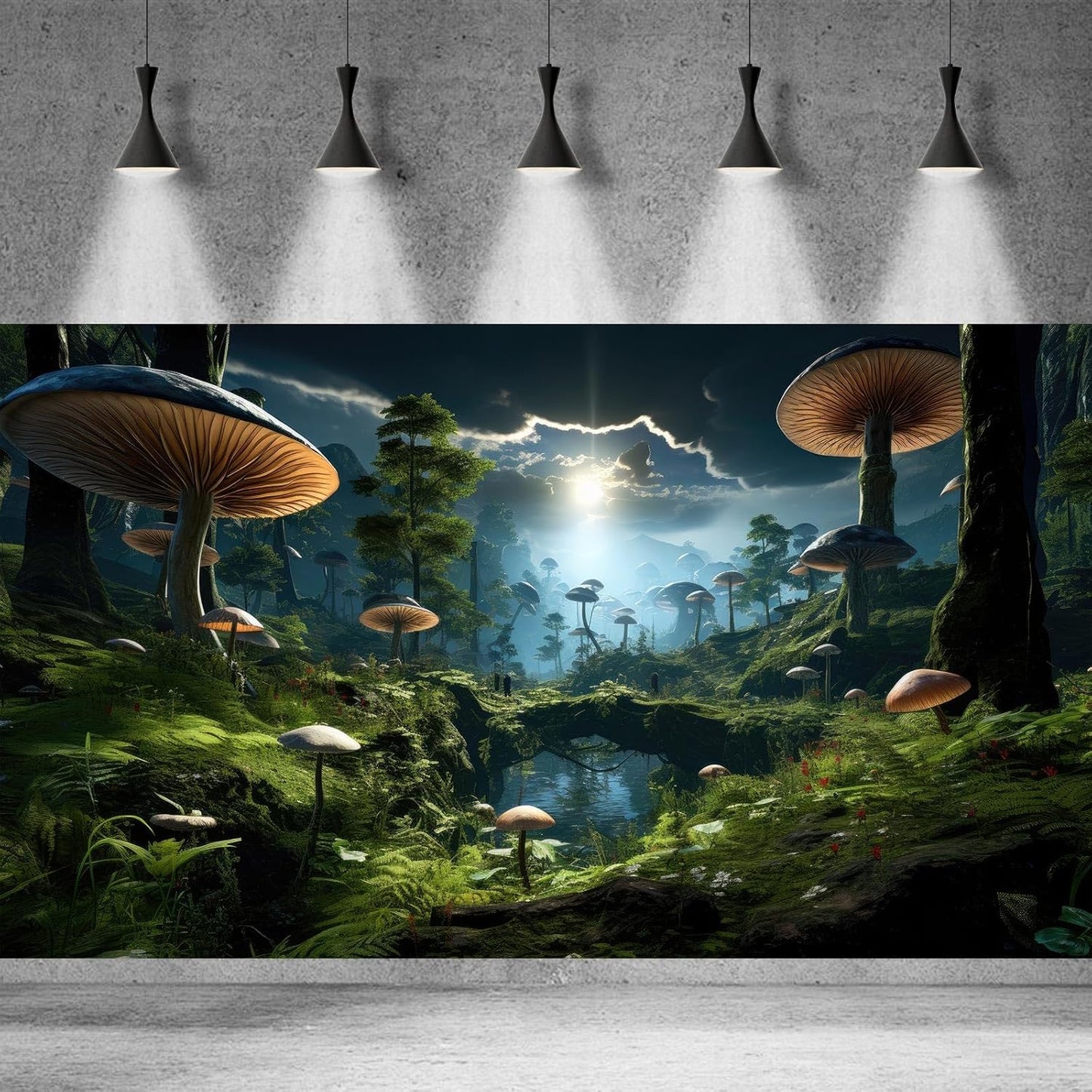 Fantasy Mushrooms Landscape Aquarium Background Tranquil Stream Cloudy Sky Terrarium Background Lush Green Tropical Plants Trees Fish Tank Backdrop Decoration Tank Background Poster 48x20in